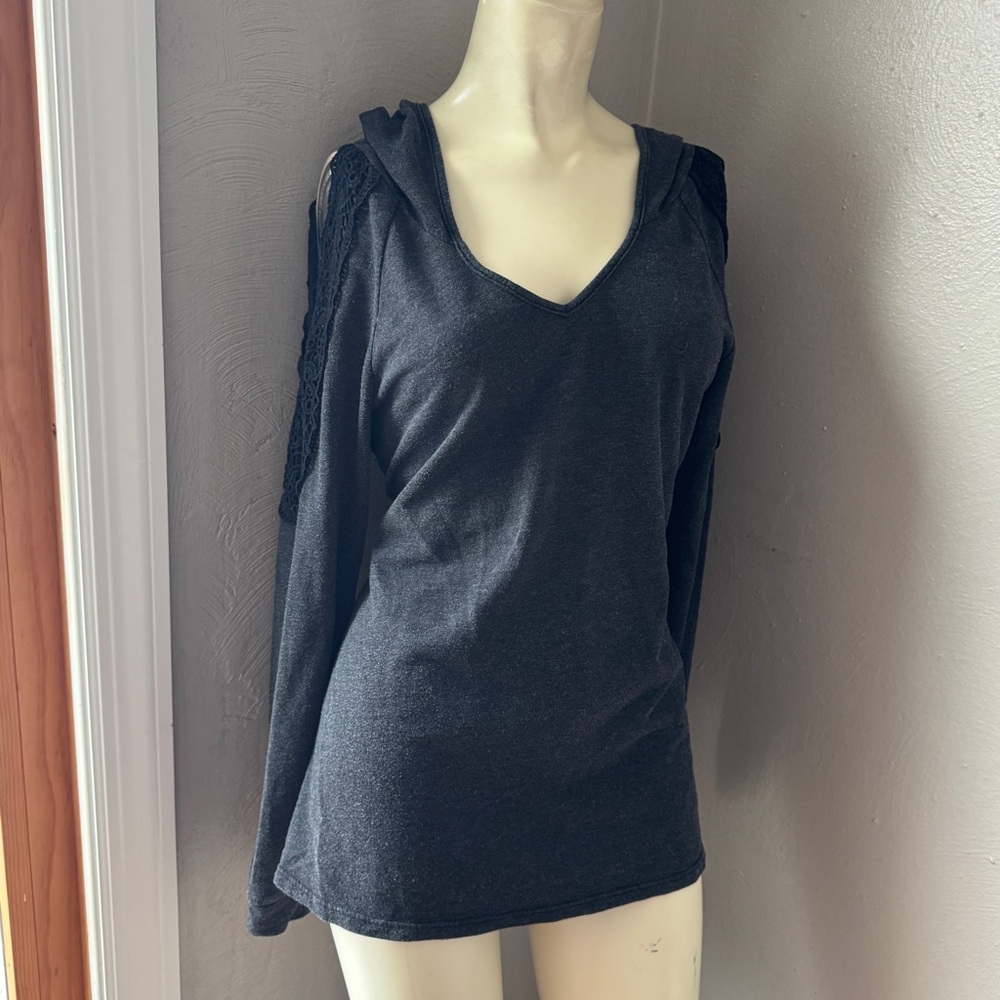 Venus lace cold-shoulder hooded sweatshirt, size XS, gray with black lace